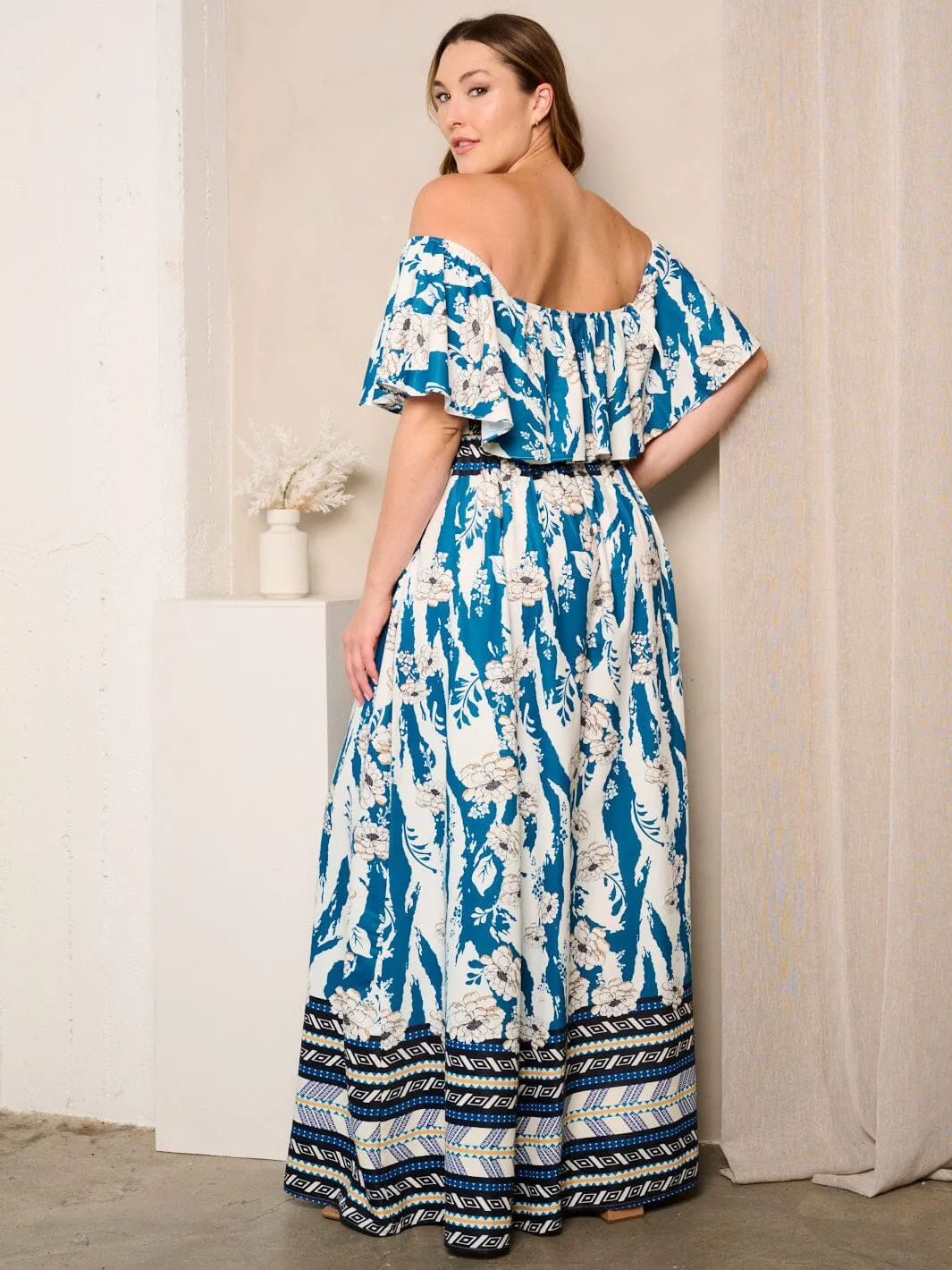 PLUS SIZE OFF SHOULDER RUFFLE FRONT SLIT FLORAL MAXI DRESS