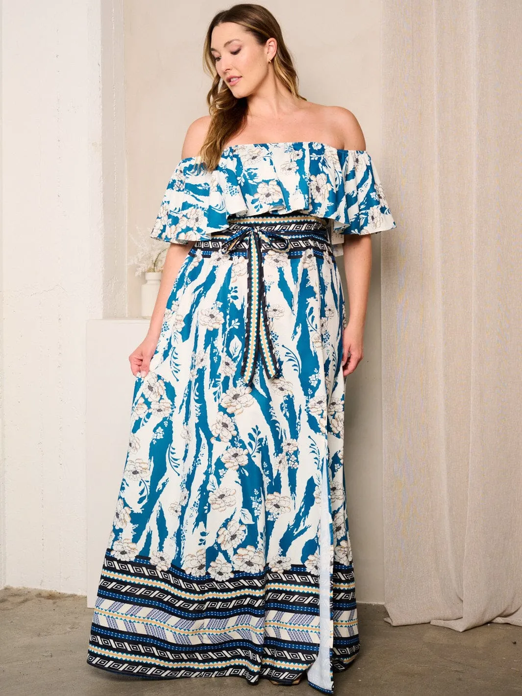 PLUS SIZE OFF SHOULDER RUFFLE FRONT SLIT FLORAL MAXI DRESS