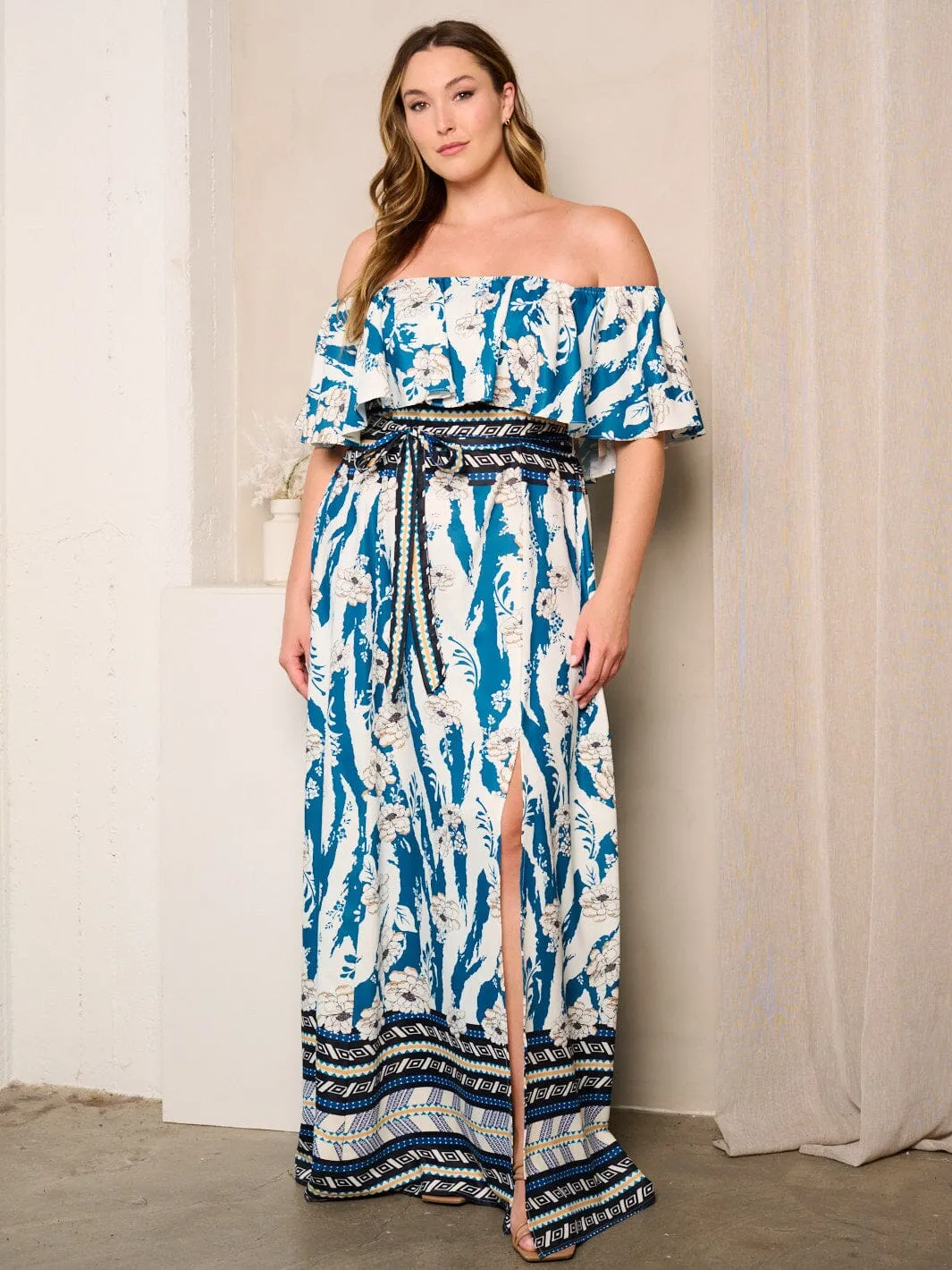 PLUS SIZE OFF SHOULDER RUFFLE FRONT SLIT FLORAL MAXI DRESS