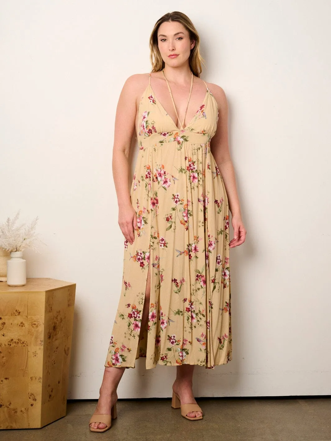 PLUS SIZE SLEEVELESS V-NECK OPEN BACK FLORAL MAXI DRESS