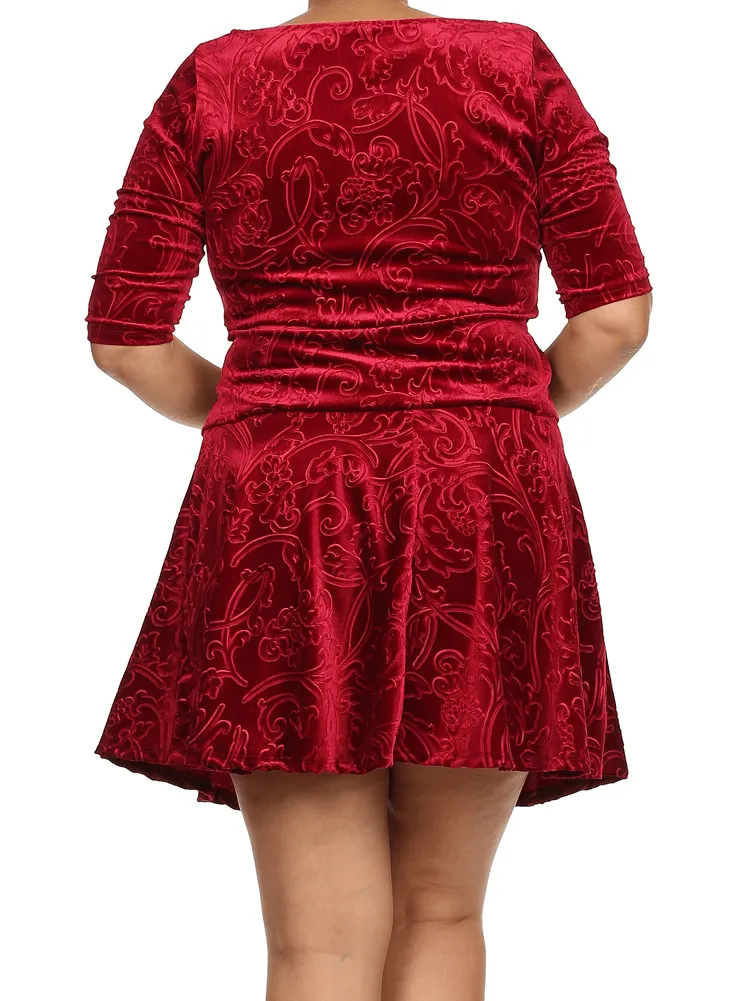 Plus Size Velvet Floral Print Red Skirt Set