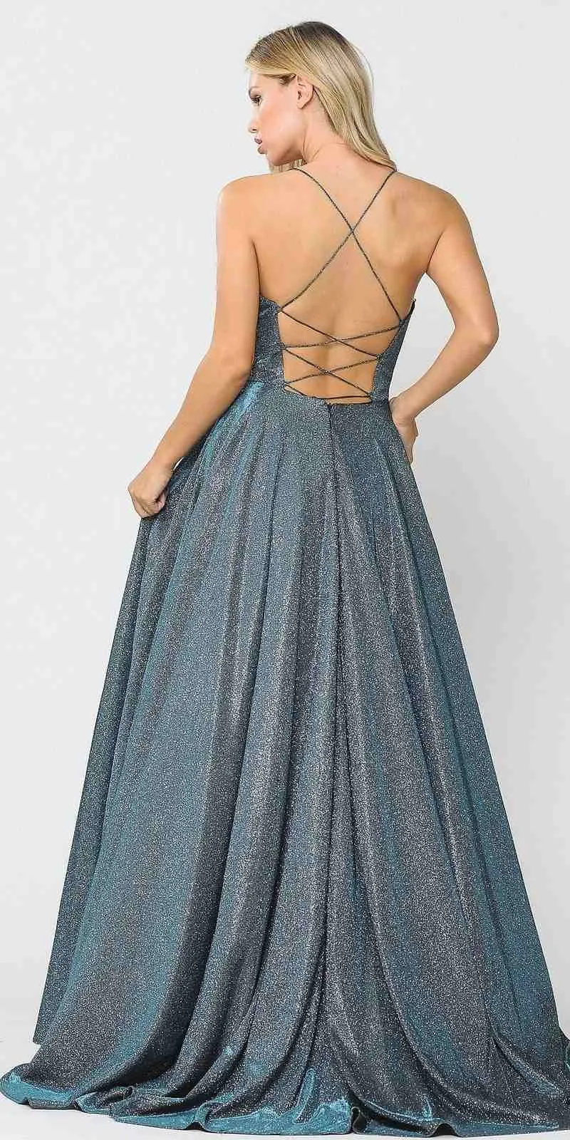 Poly USA 8556 Criss-Cross Back Long Glitter Prom Dress with Pockets