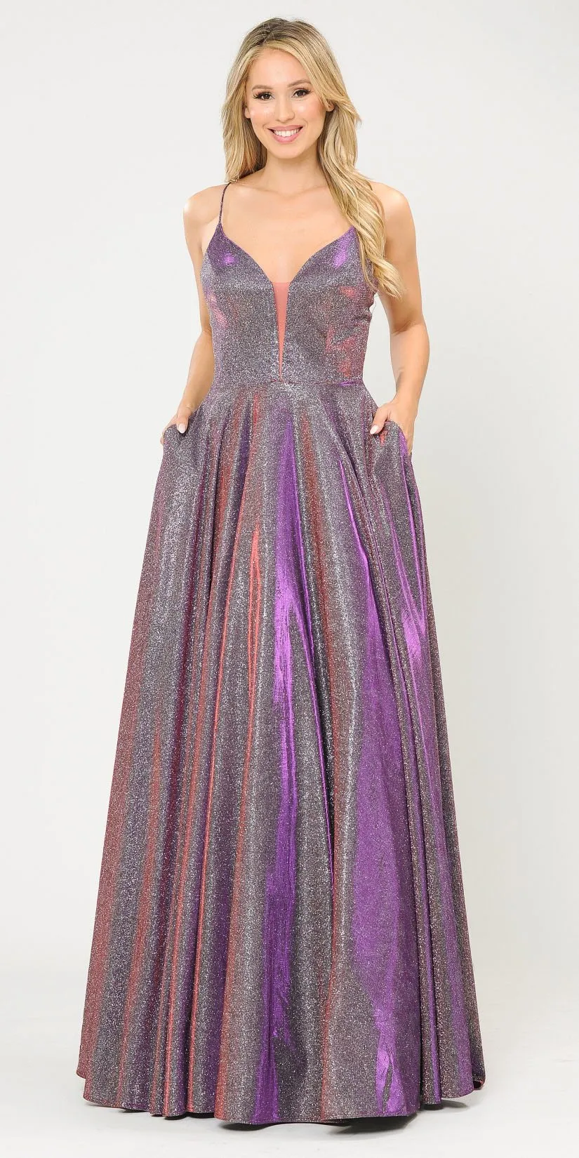 Poly USA 8556 Criss-Cross Back Long Glitter Prom Dress with Pockets