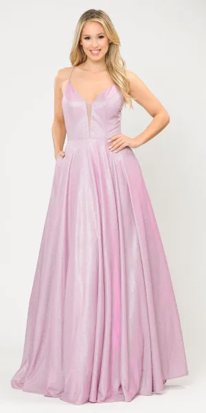 Poly USA 8556 Criss-Cross Back Long Glitter Prom Dress with Pockets