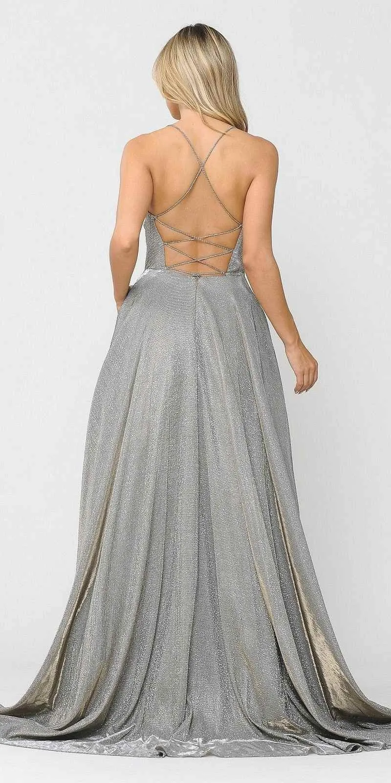 Poly USA 8556 Criss-Cross Back Long Glitter Prom Dress with Pockets