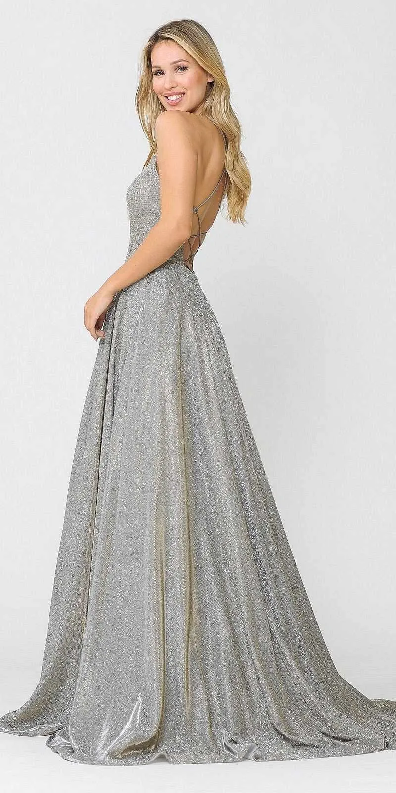 Poly USA 8556 Criss-Cross Back Long Glitter Prom Dress with Pockets