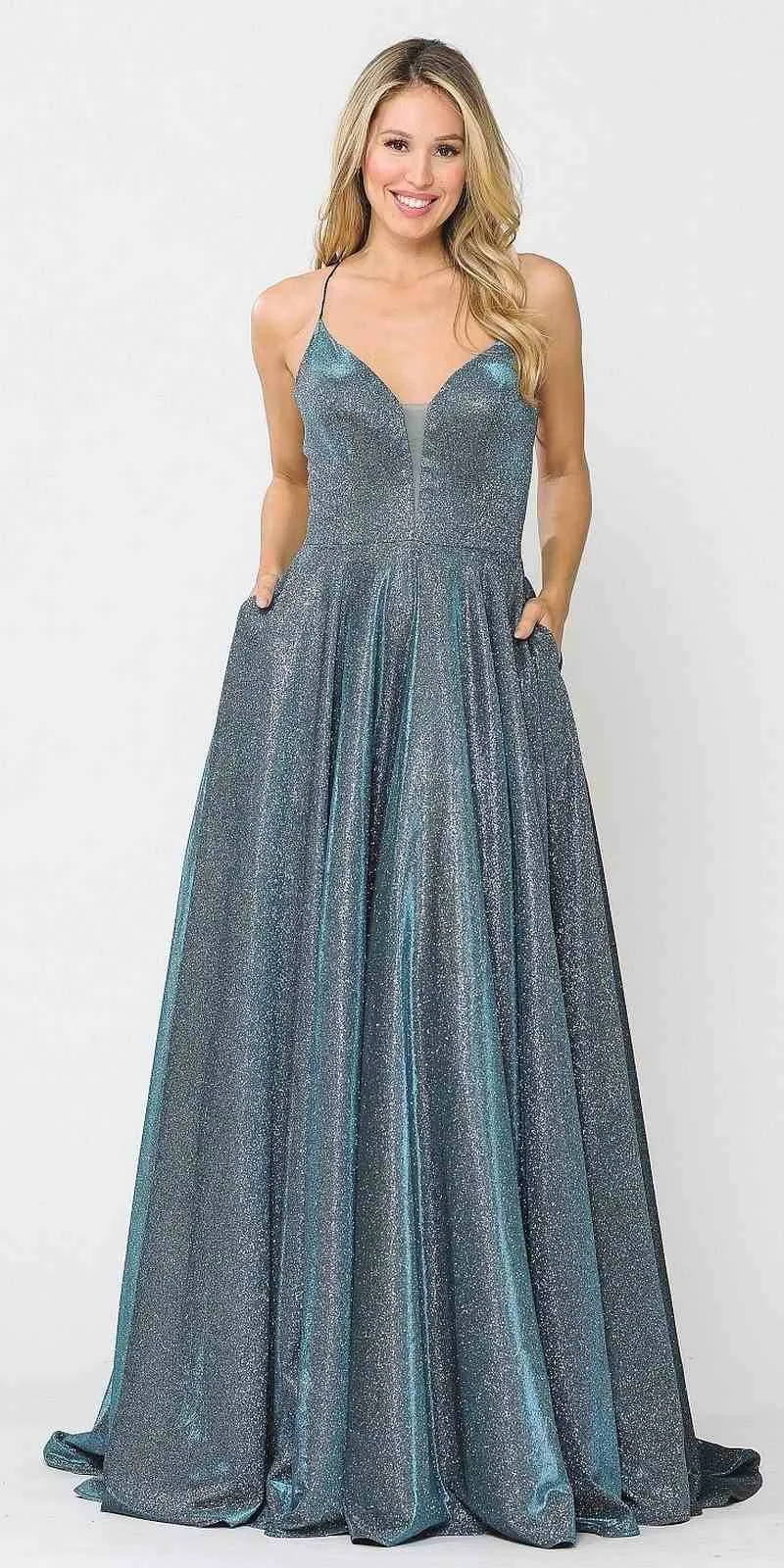 Poly USA 8556 Criss-Cross Back Long Glitter Prom Dress with Pockets