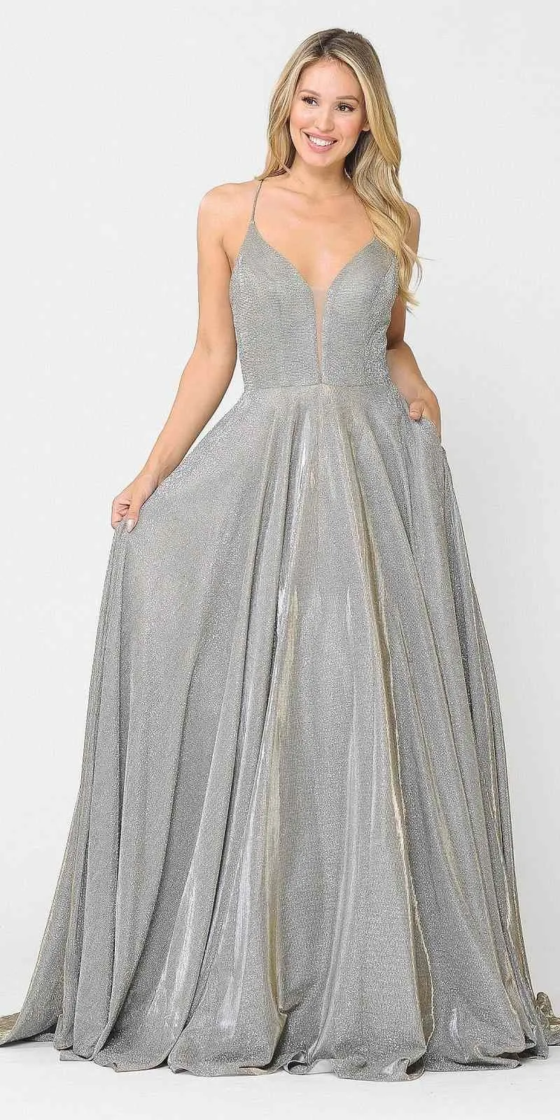 Poly USA 8556 Criss-Cross Back Long Glitter Prom Dress with Pockets