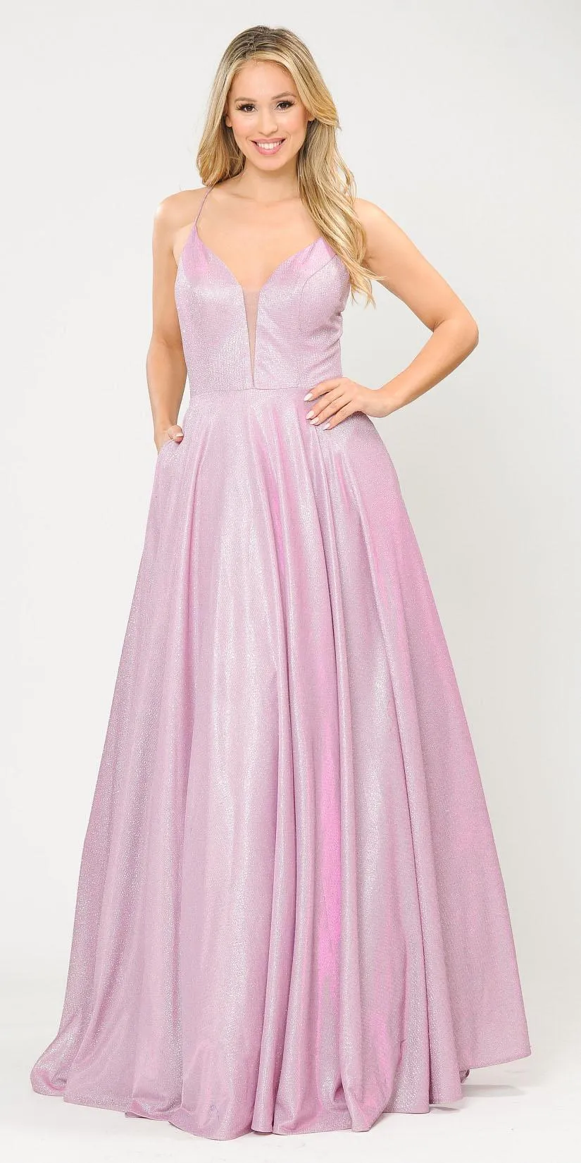 Poly USA 8556 Criss-Cross Back Long Glitter Prom Dress with Pockets