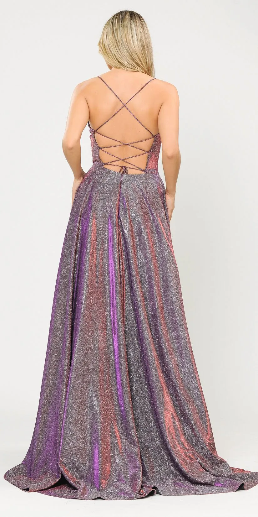 Poly USA 8556 Criss-Cross Back Long Glitter Prom Dress with Pockets