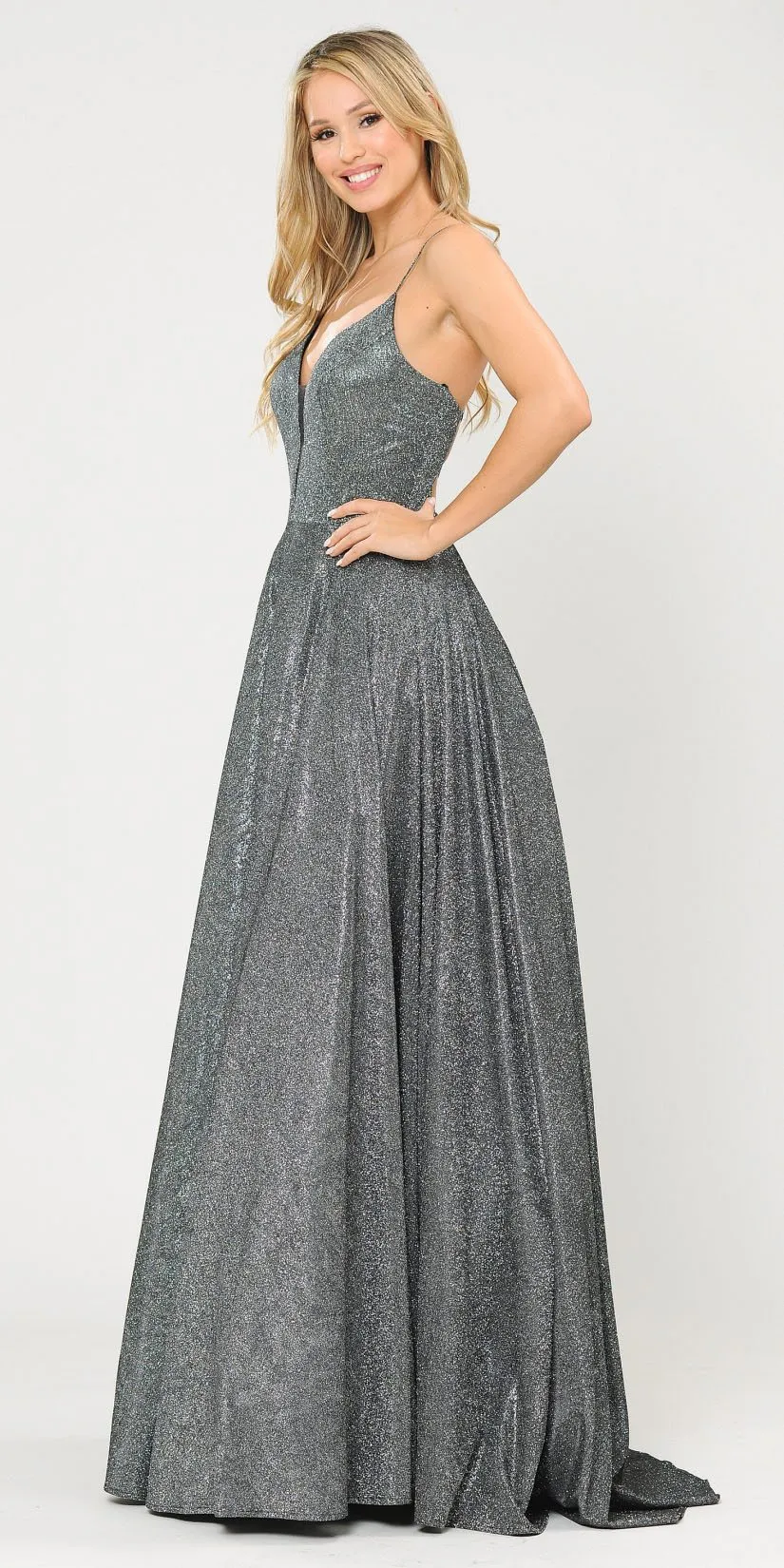 Poly USA 8556 Criss-Cross Back Long Glitter Prom Dress with Pockets