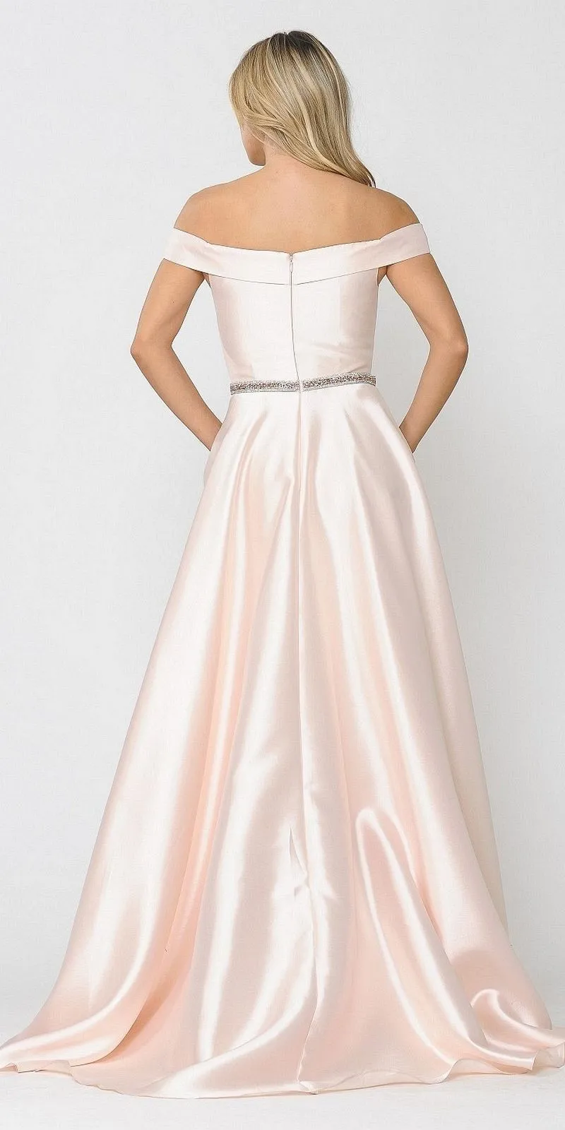Poly USA 8686 Mikado Off-Shoulder Long Dress with Pockets