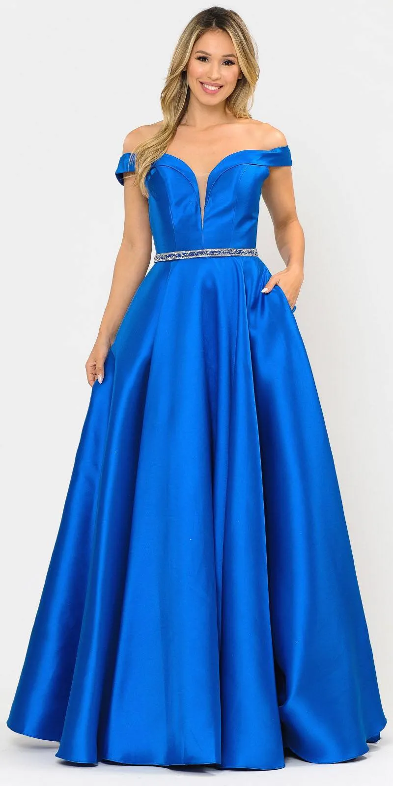 Poly USA 8686 Mikado Off-Shoulder Long Dress with Pockets