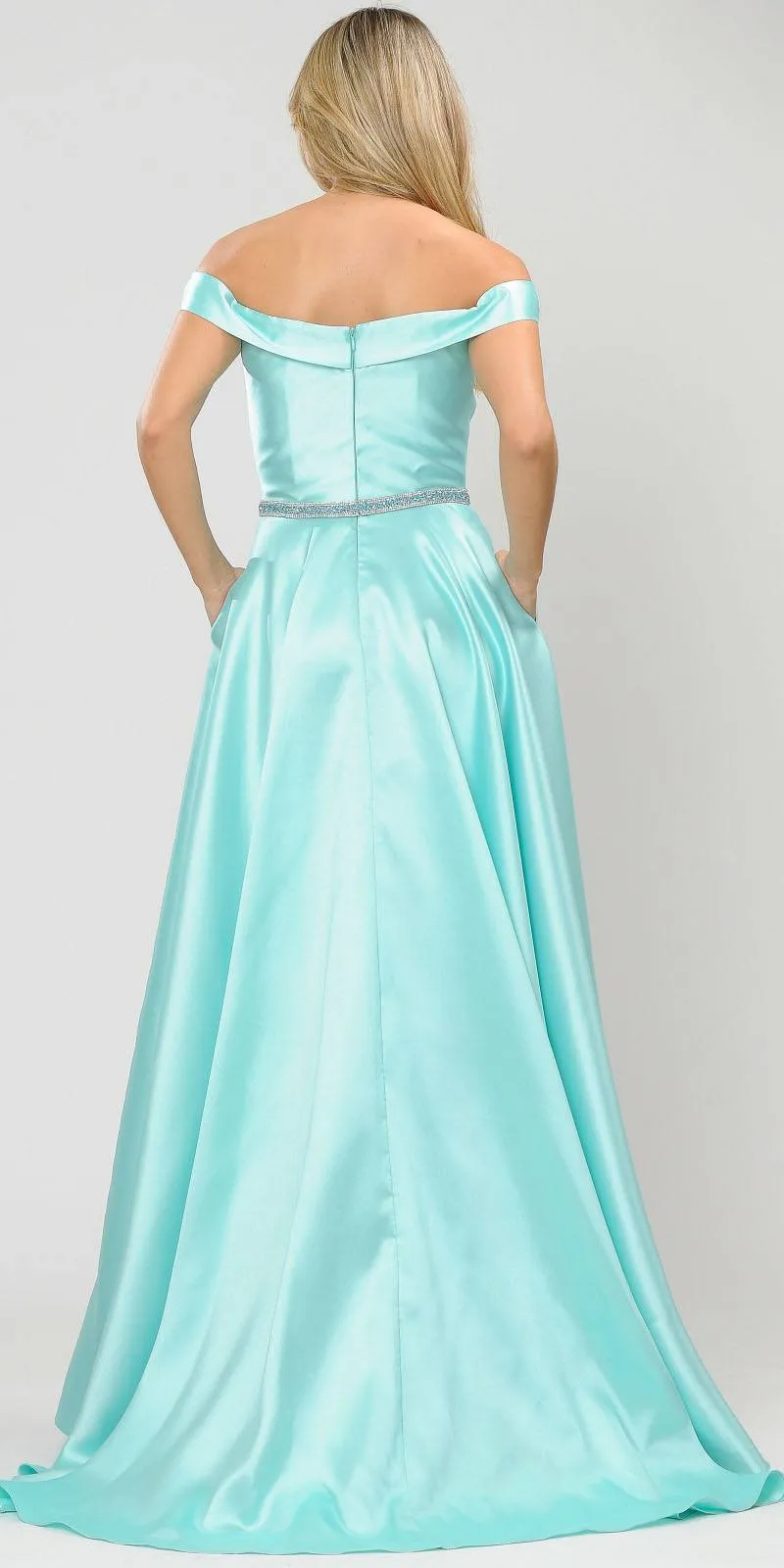Poly USA 8686 Mikado Off-Shoulder Long Dress with Pockets