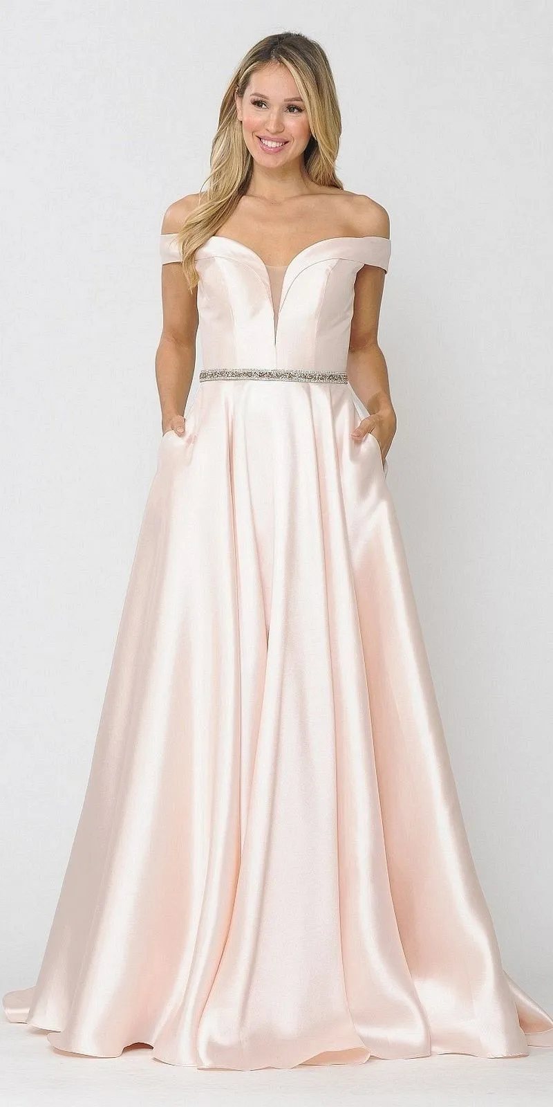 Poly USA 8686 Mikado Off-Shoulder Long Dress with Pockets