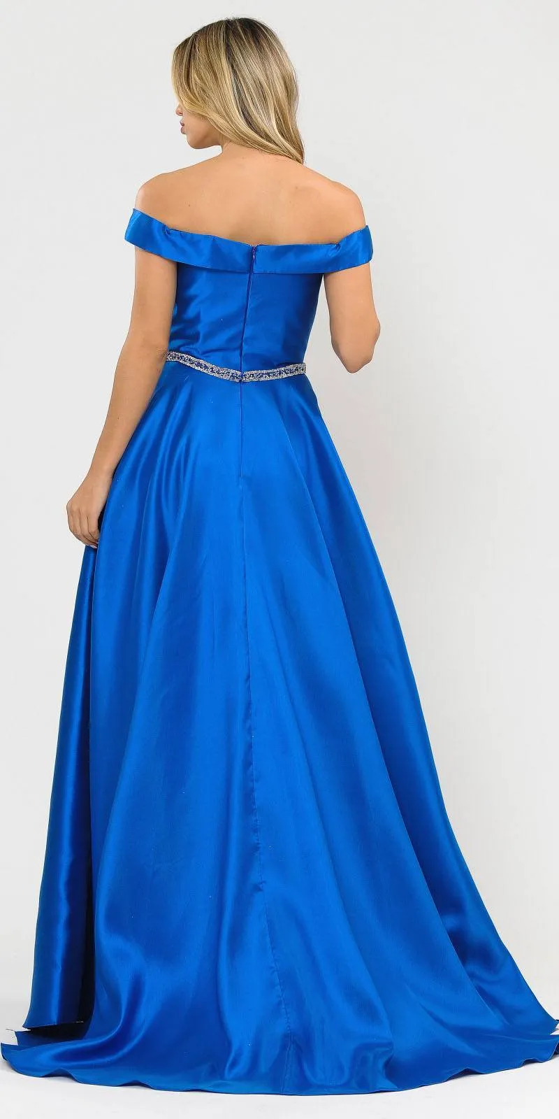 Poly USA 8686 Mikado Off-Shoulder Long Dress with Pockets