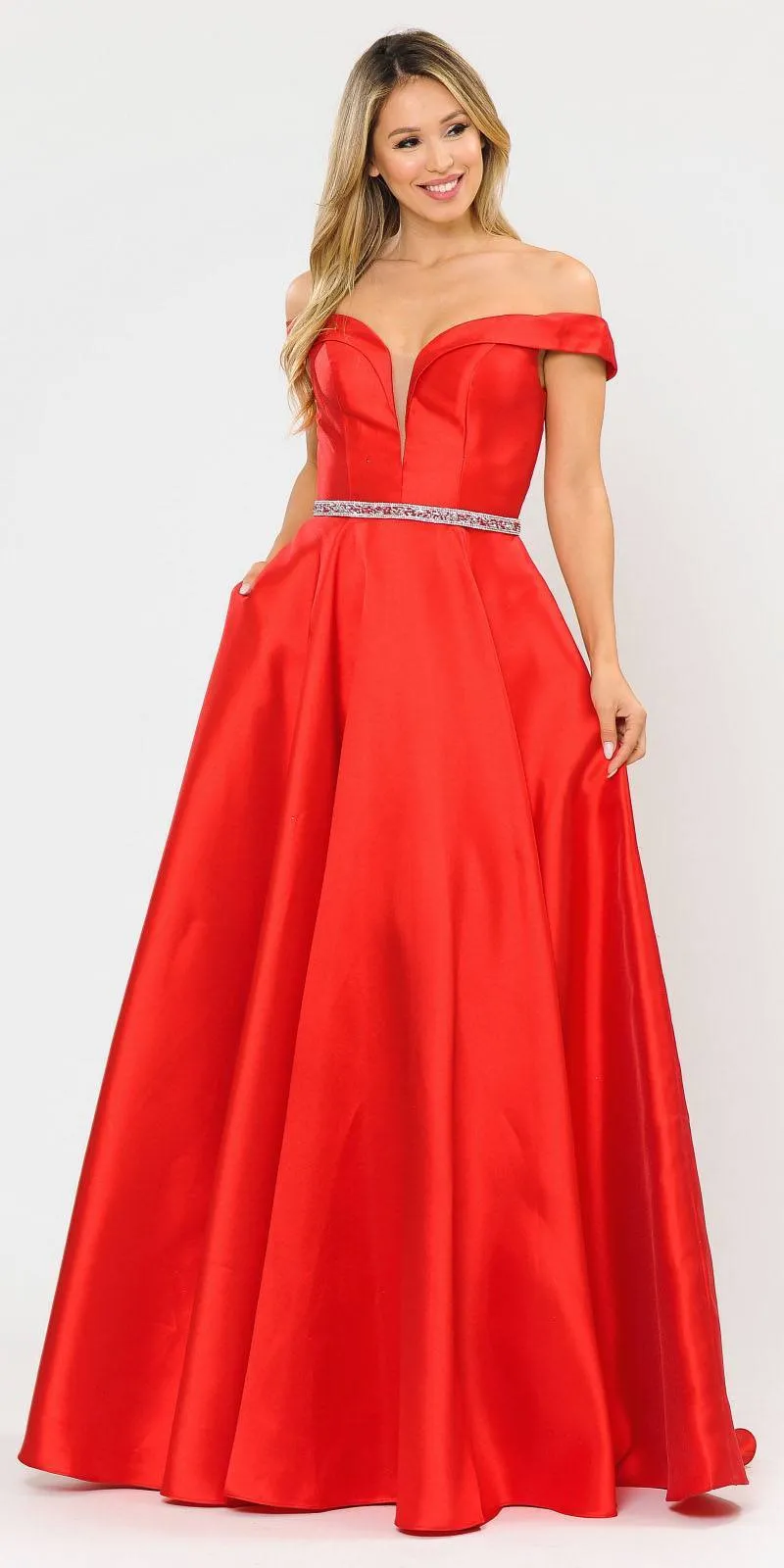 Poly USA 8686 Mikado Off-Shoulder Long Dress with Pockets