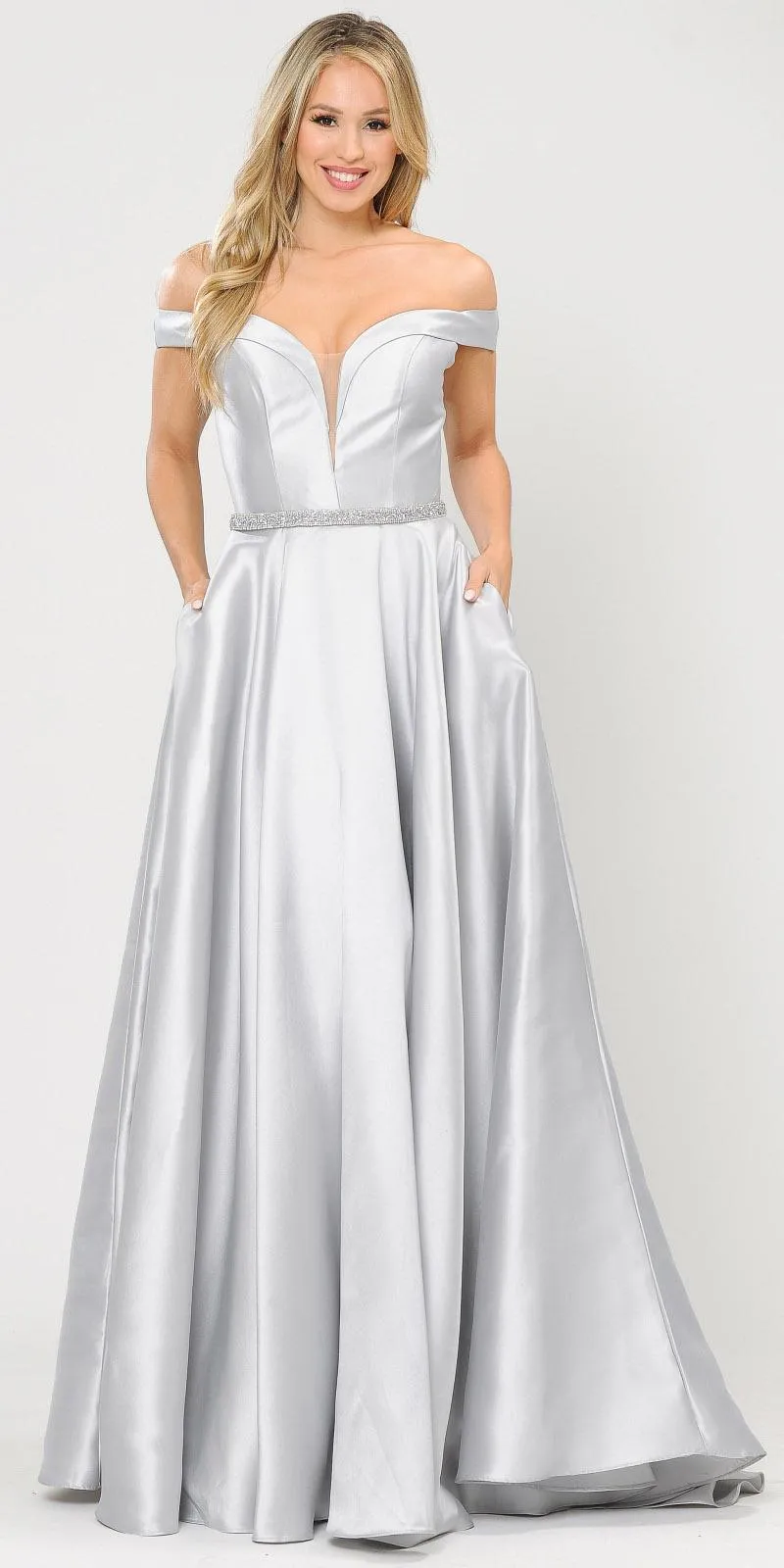 Poly USA 8686 Mikado Off-Shoulder Long Dress with Pockets