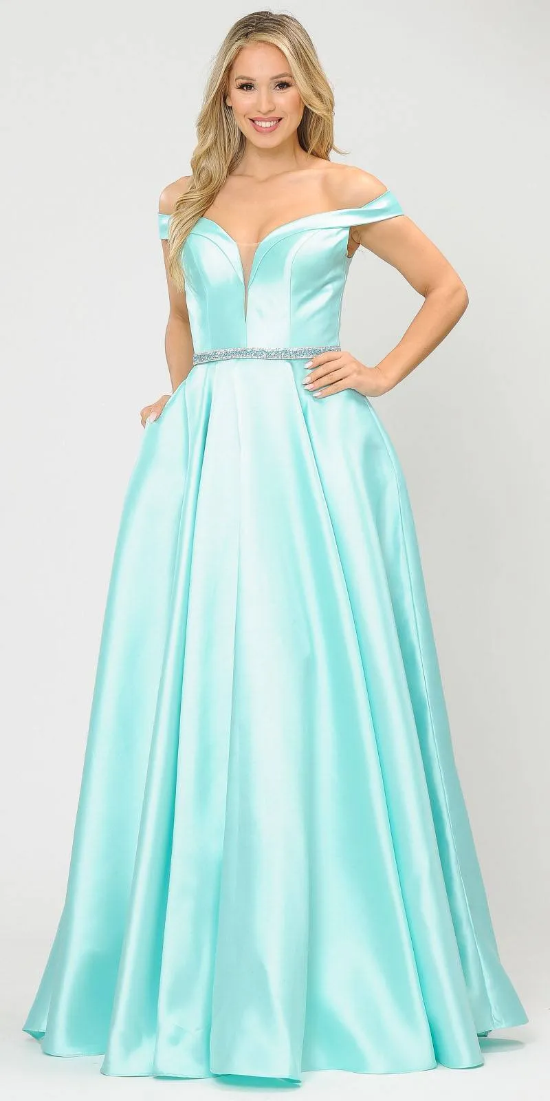 Poly USA 8686 Mikado Off-Shoulder Long Dress with Pockets