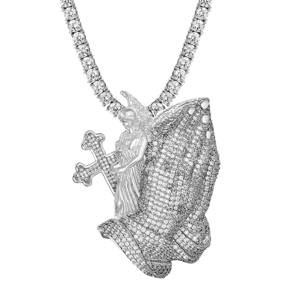 Praying Hands Cross Angel Iced Out Hip Hop Mens Pendant