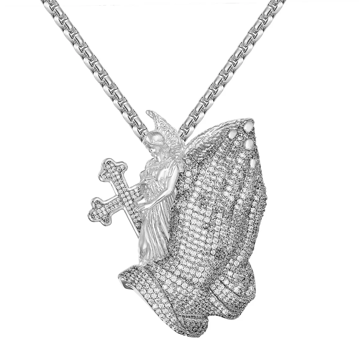 Praying Hands Cross Angel Iced Out Hip Hop Mens Pendant