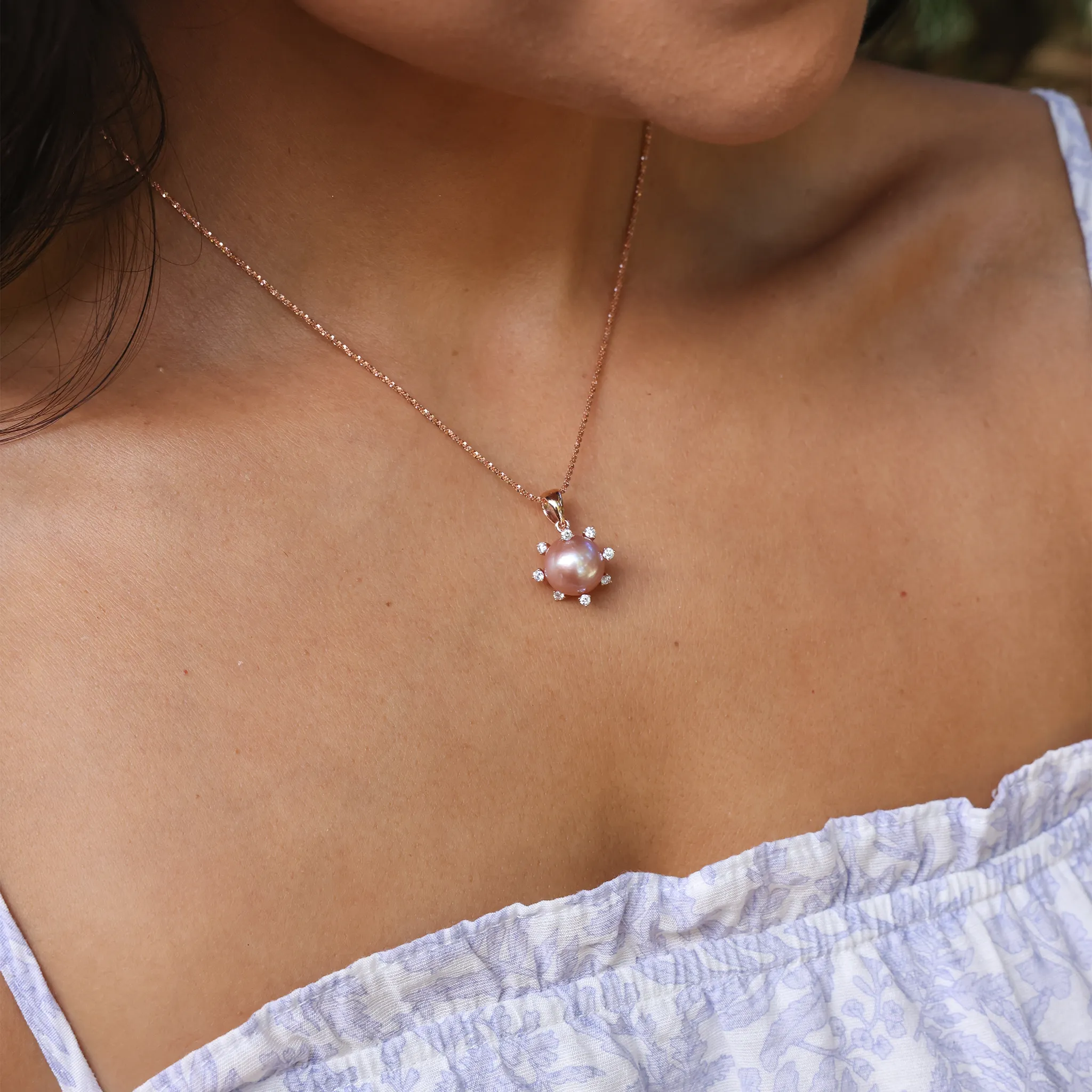 Protea Lilac Freshwater Pearl Pendant in Rose Gold with Diamonds - 11-12mm