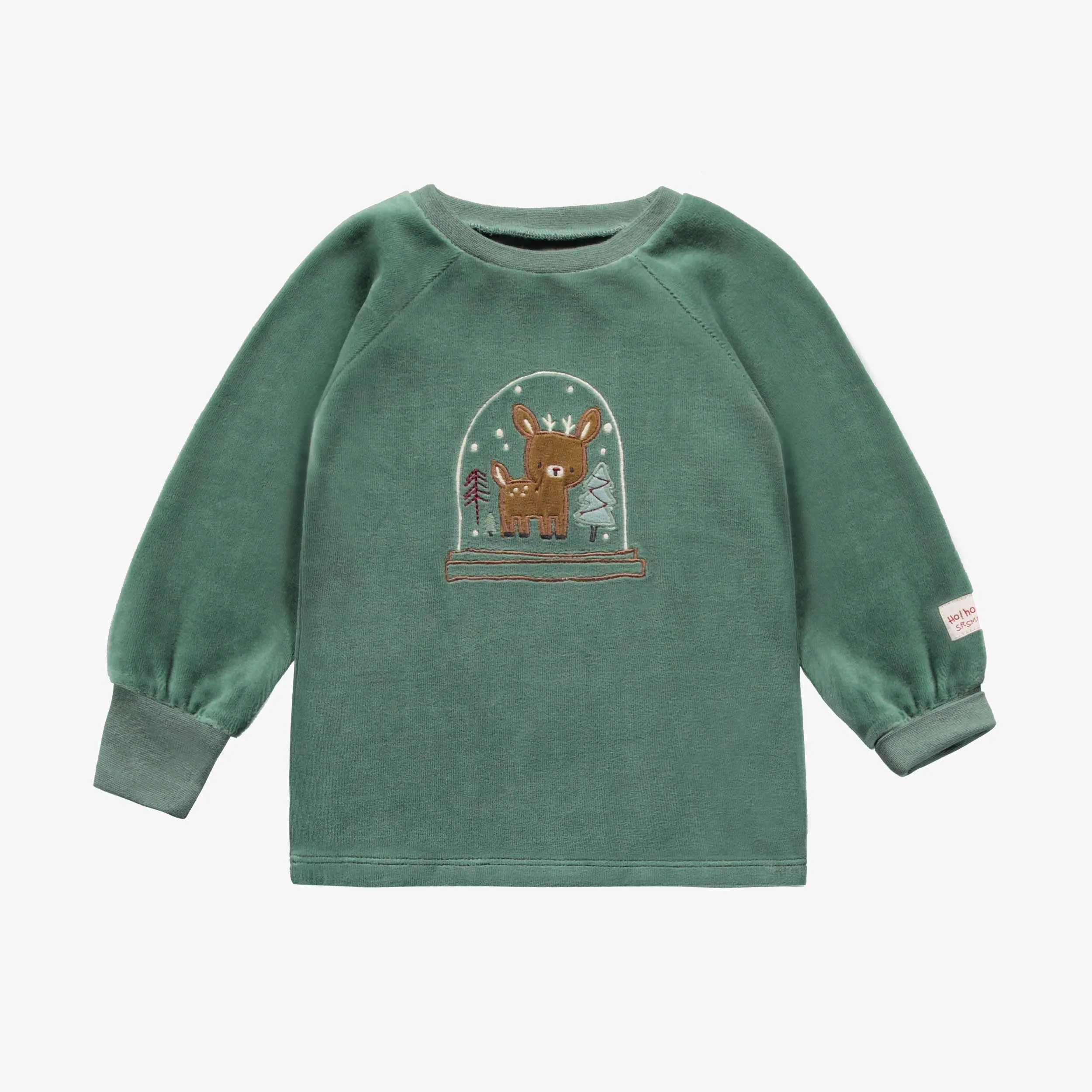 Pyjama des fêtes deux pièces vert forêt en velours, bébé || Forest green two piece holiday pajama in velvet, baby