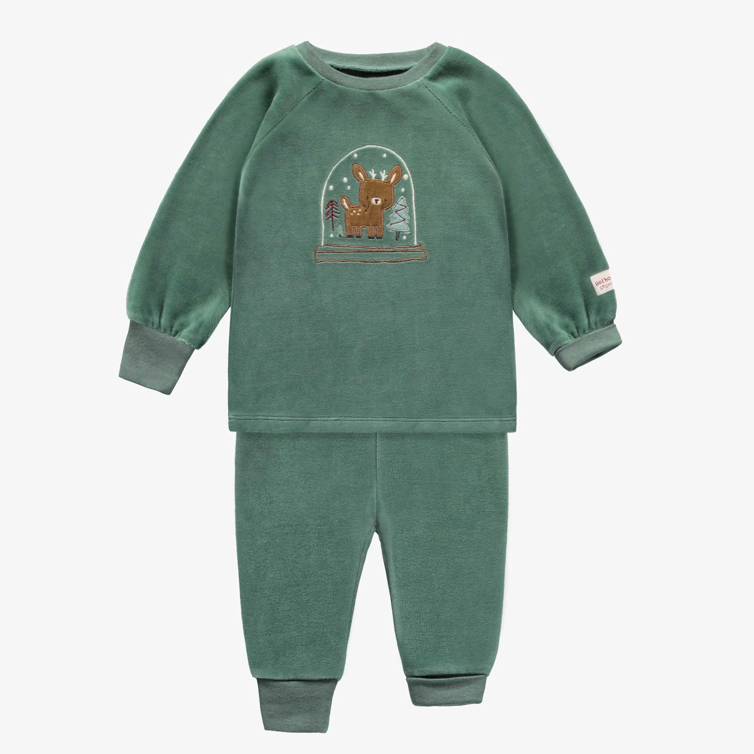 Pyjama des fêtes deux pièces vert forêt en velours, bébé || Forest green two piece holiday pajama in velvet, baby