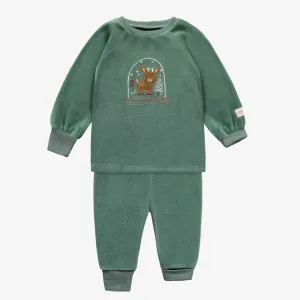 Pyjama des fêtes deux pièces vert forêt en velours, bébé || Forest green two piece holiday pajama in velvet, baby