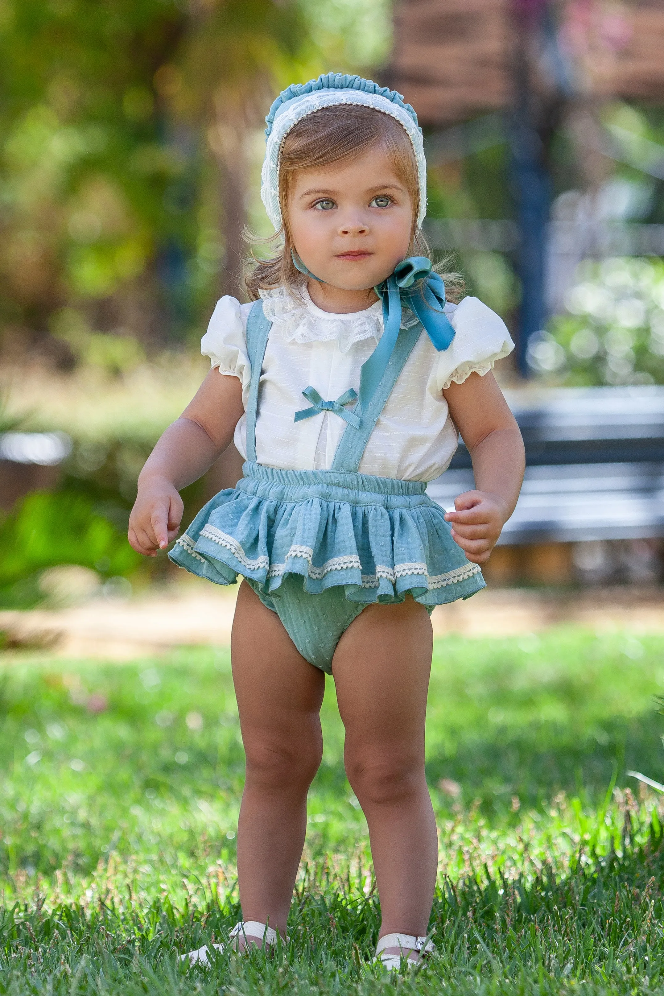 "Aliya" Blouse & Teal Ruffle Bloomers