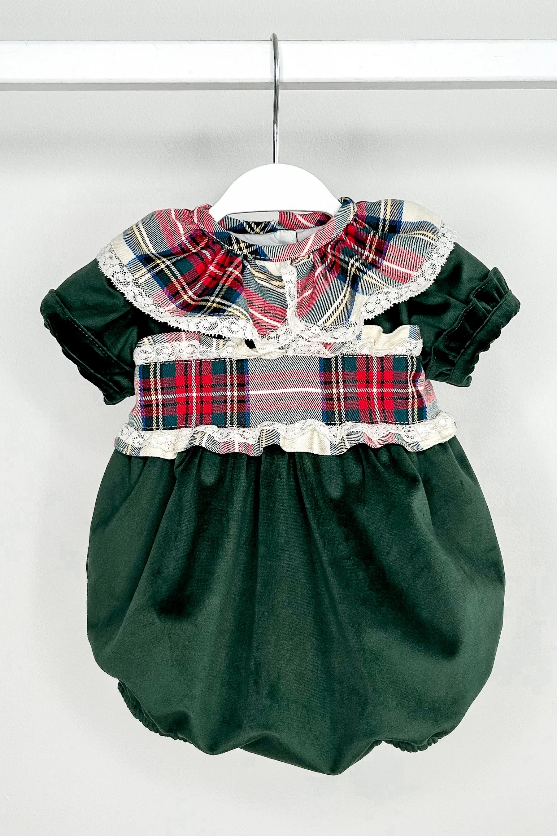 "Farah" Bottle Green Velvet Tartan Romper