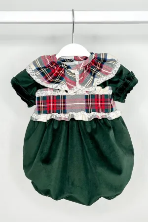 "Farah" Bottle Green Velvet Tartan Romper