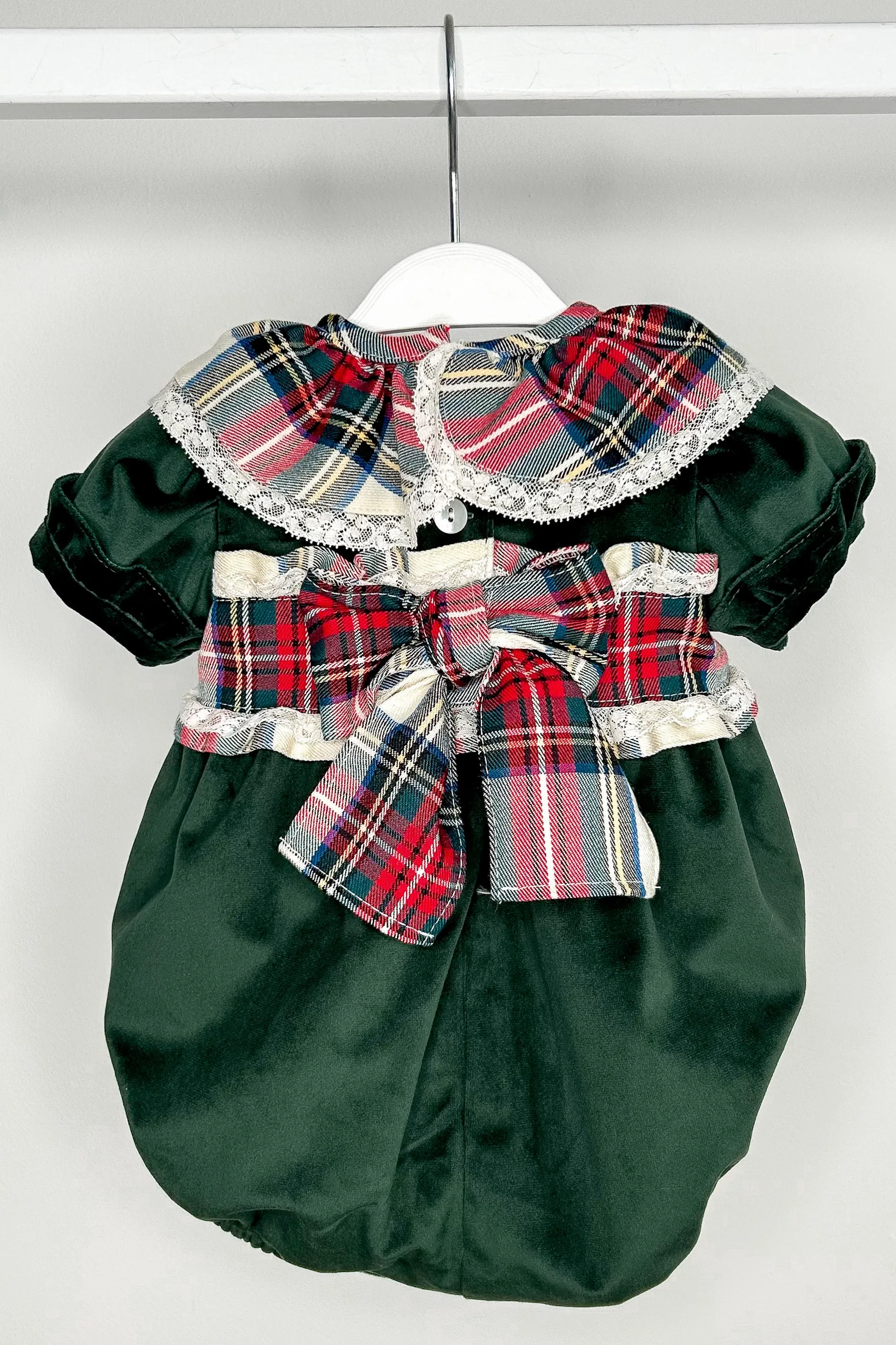 "Farah" Bottle Green Velvet Tartan Romper