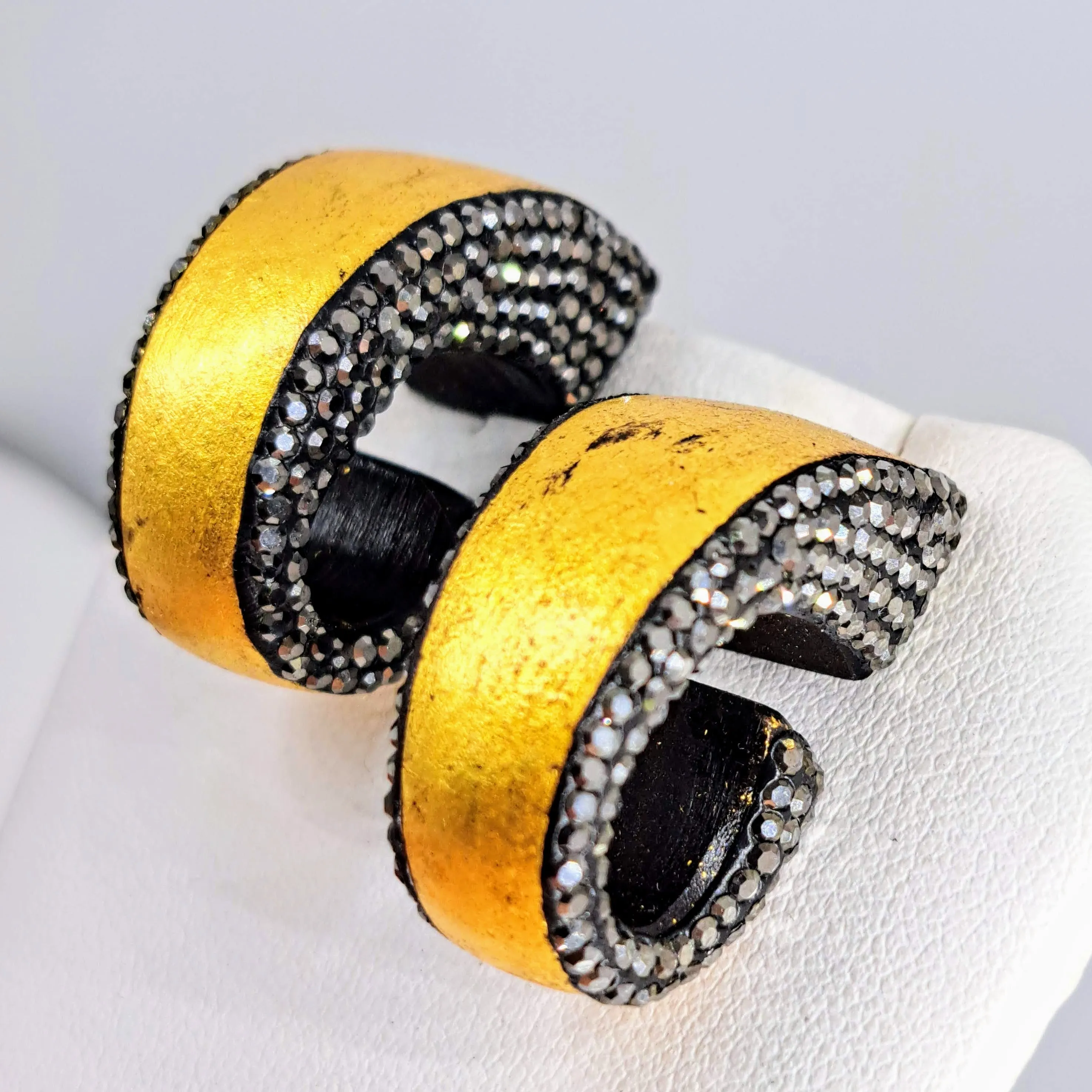 "Sparkle & Shine" 1.25" Earrings - Ebony, 24K Gold Leaf, Swarovski Pave', Sterling Posts