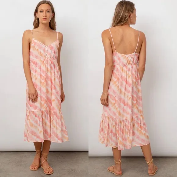 RAILS DELILAH SUNSET TIE DYE Dress Sun Summer Long Tiered Strappy Boho Revolve