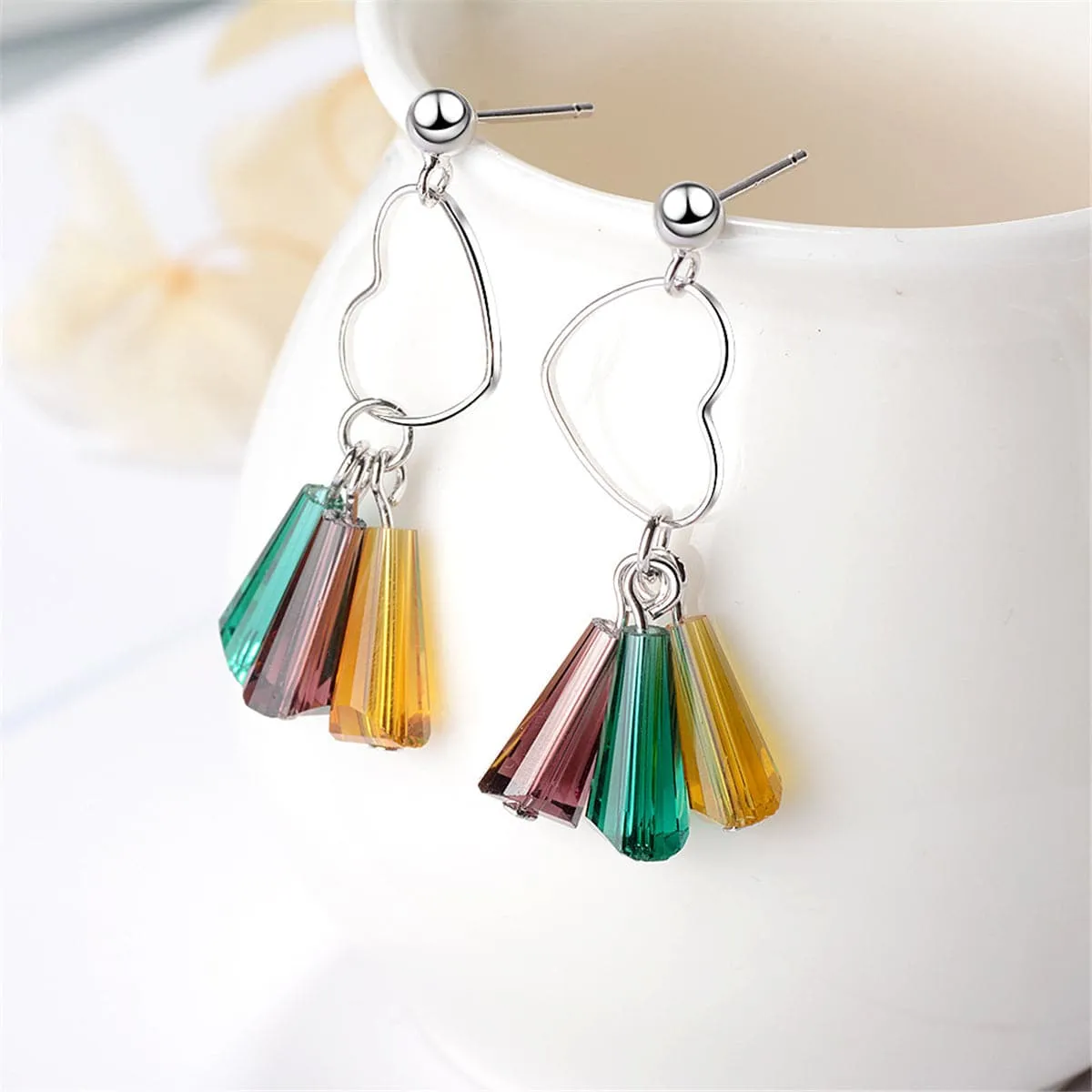 Rainbow Crystal & Silver-Plated Open Heart Drop Earrings
