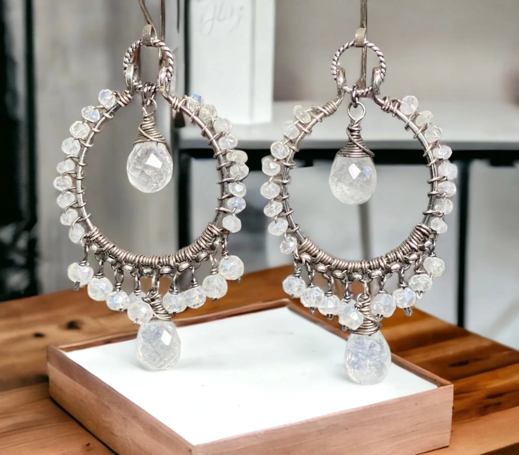 Rainbow Moonstone Oxidized Sterling Silver Hoop Earrings
