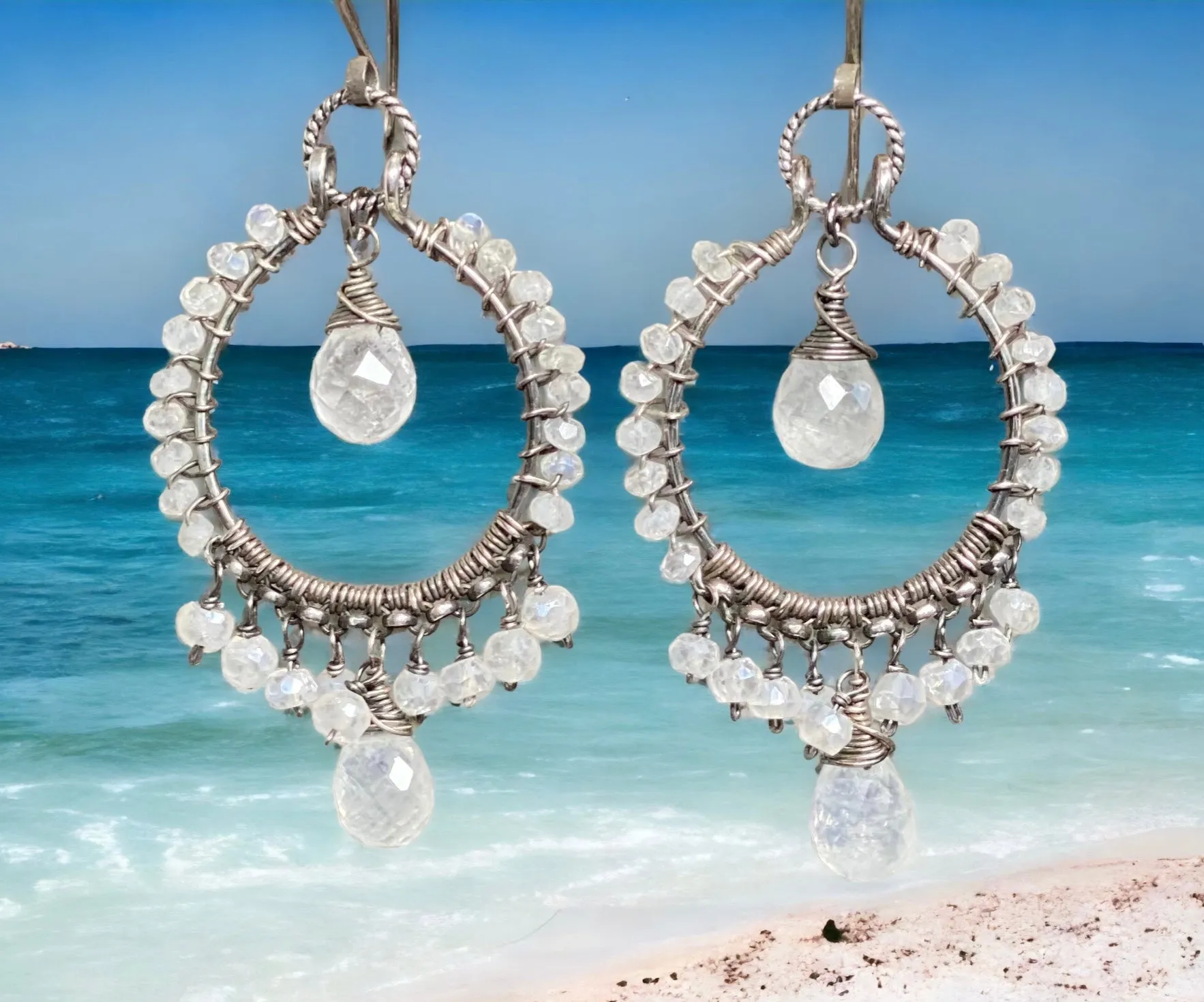 Rainbow Moonstone Oxidized Sterling Silver Hoop Earrings
