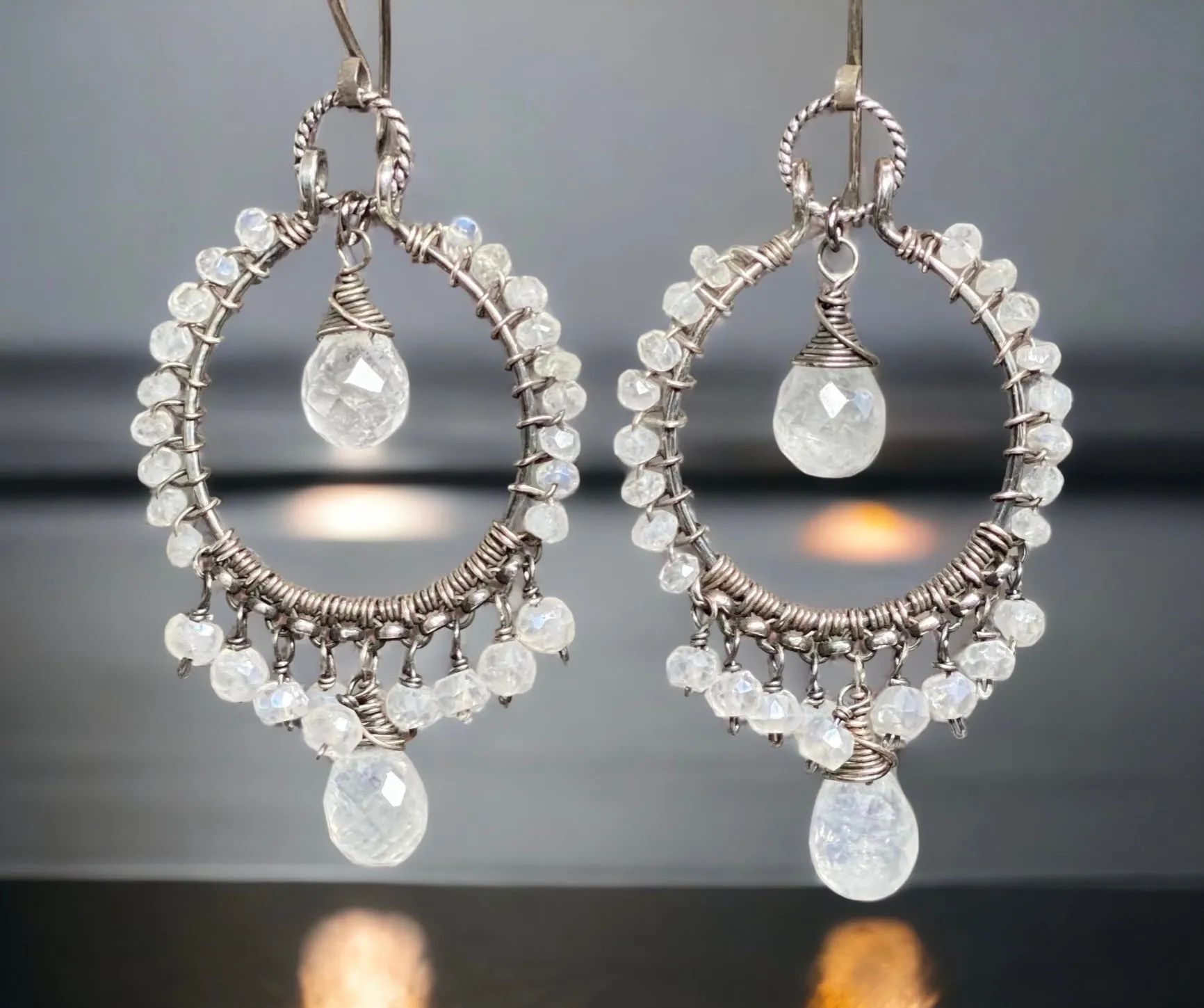 Rainbow Moonstone Oxidized Sterling Silver Hoop Earrings