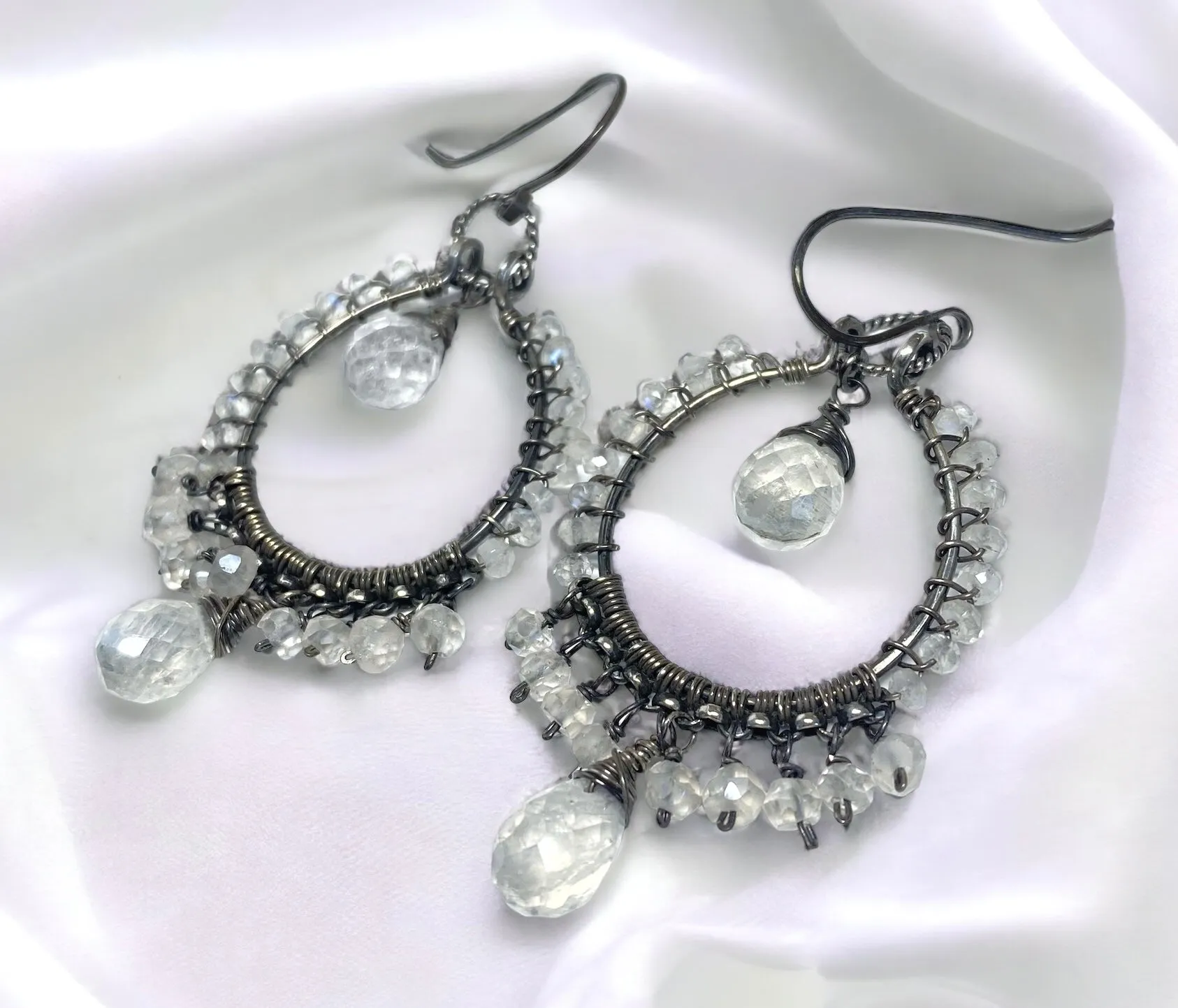 Rainbow Moonstone Oxidized Sterling Silver Hoop Earrings