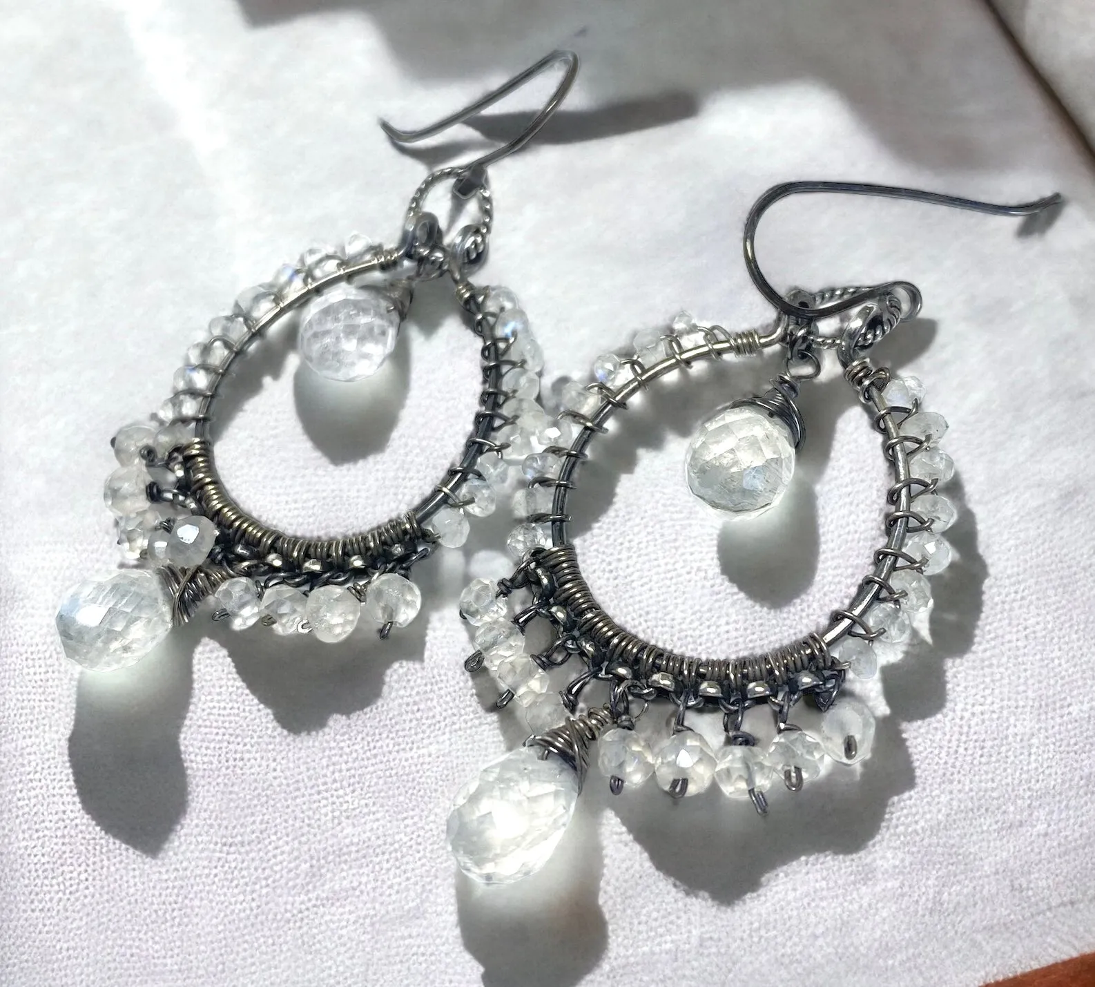 Rainbow Moonstone Oxidized Sterling Silver Hoop Earrings