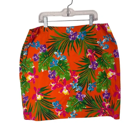 Ralph Lauren Black Label Short Skirt Womens 12 Orange Floral Tropical Print