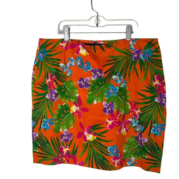 Ralph Lauren Black Label Short Skirt Womens 12 Orange Floral Tropical Print