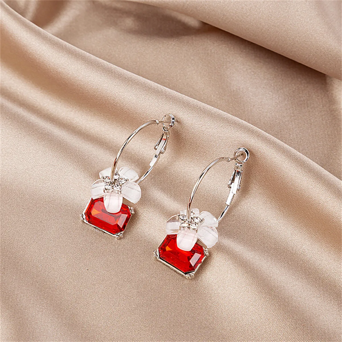 Red Crystal & Cubic Zirconia Floral Hoop Earrings