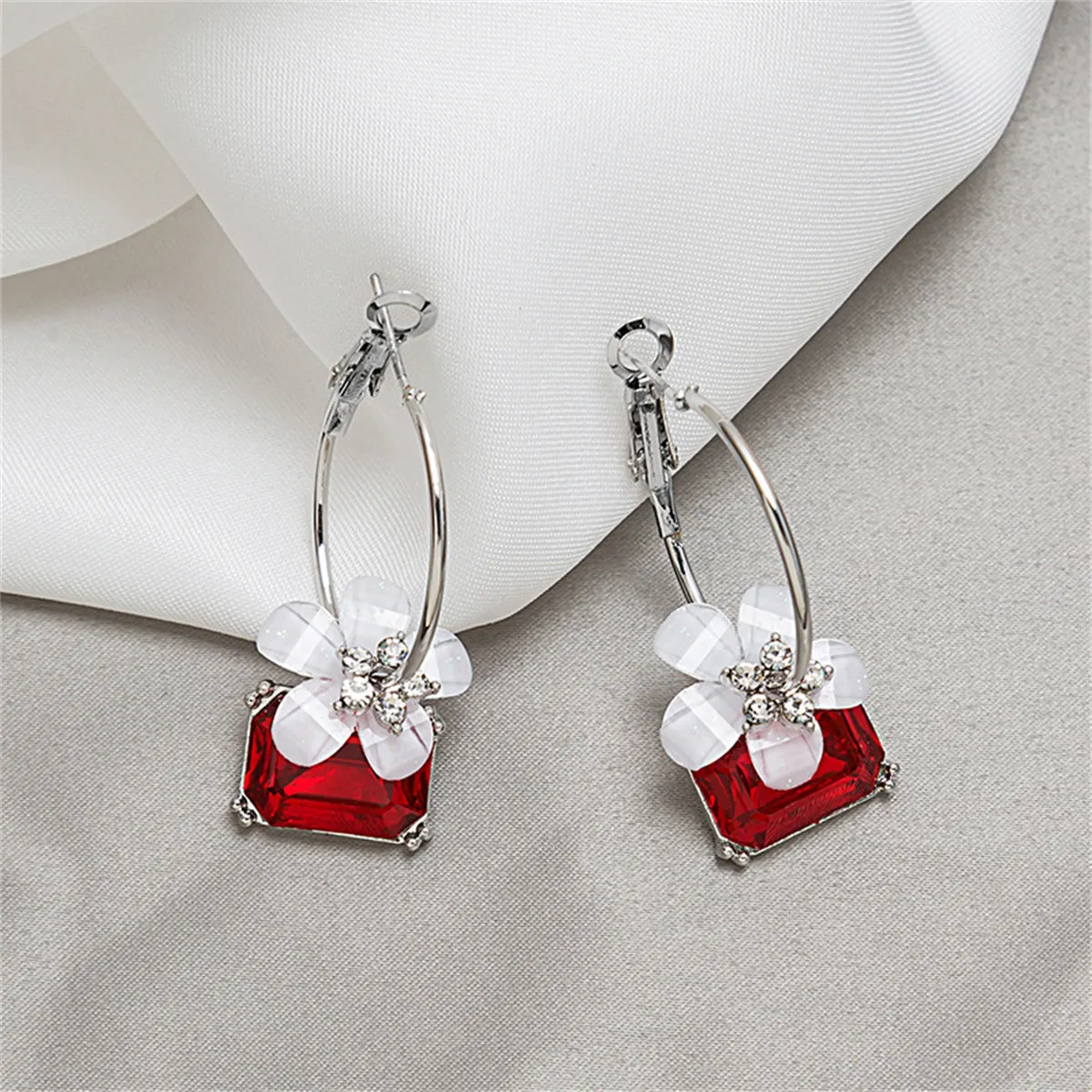 Red Crystal & Cubic Zirconia Floral Hoop Earrings
