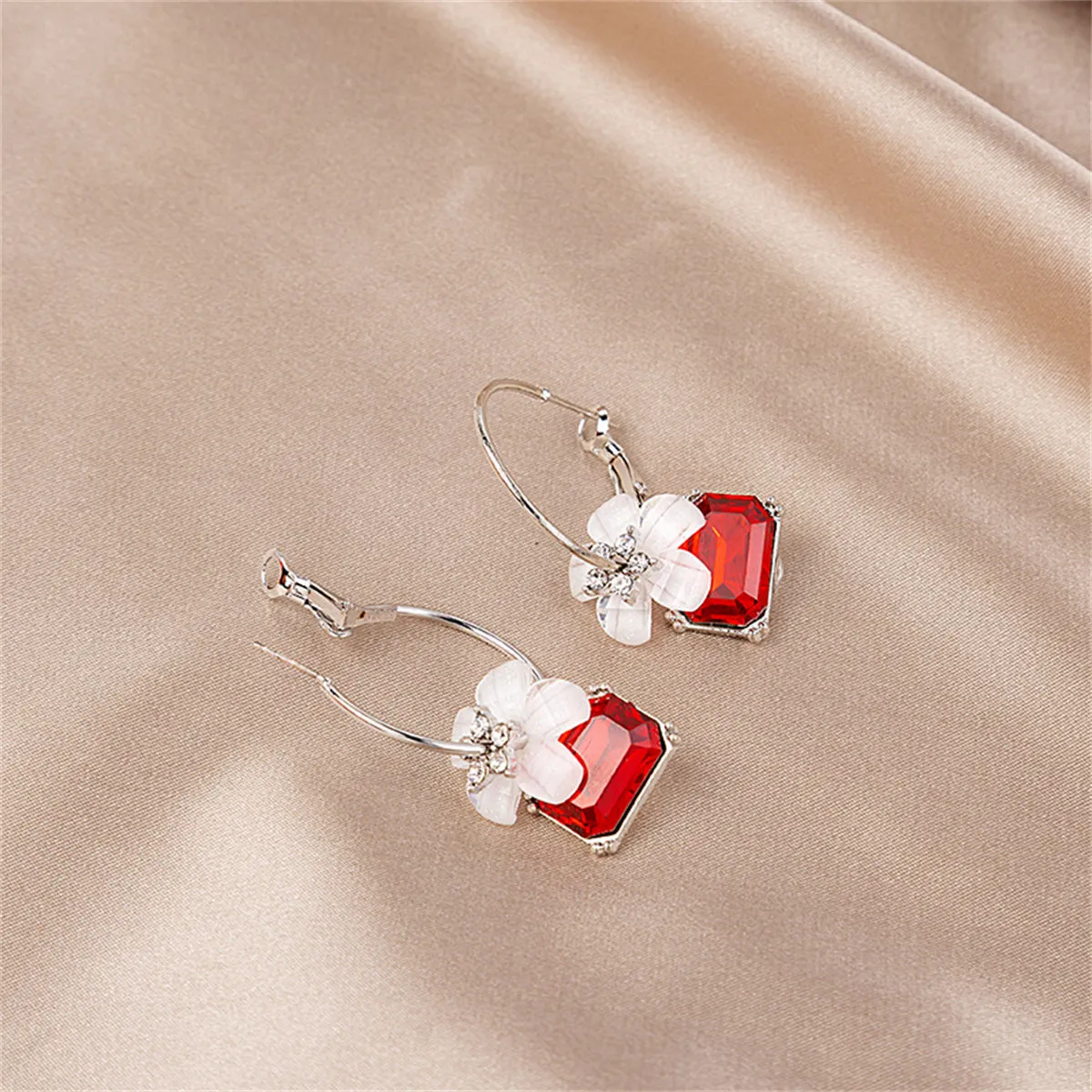 Red Crystal & Cubic Zirconia Floral Hoop Earrings