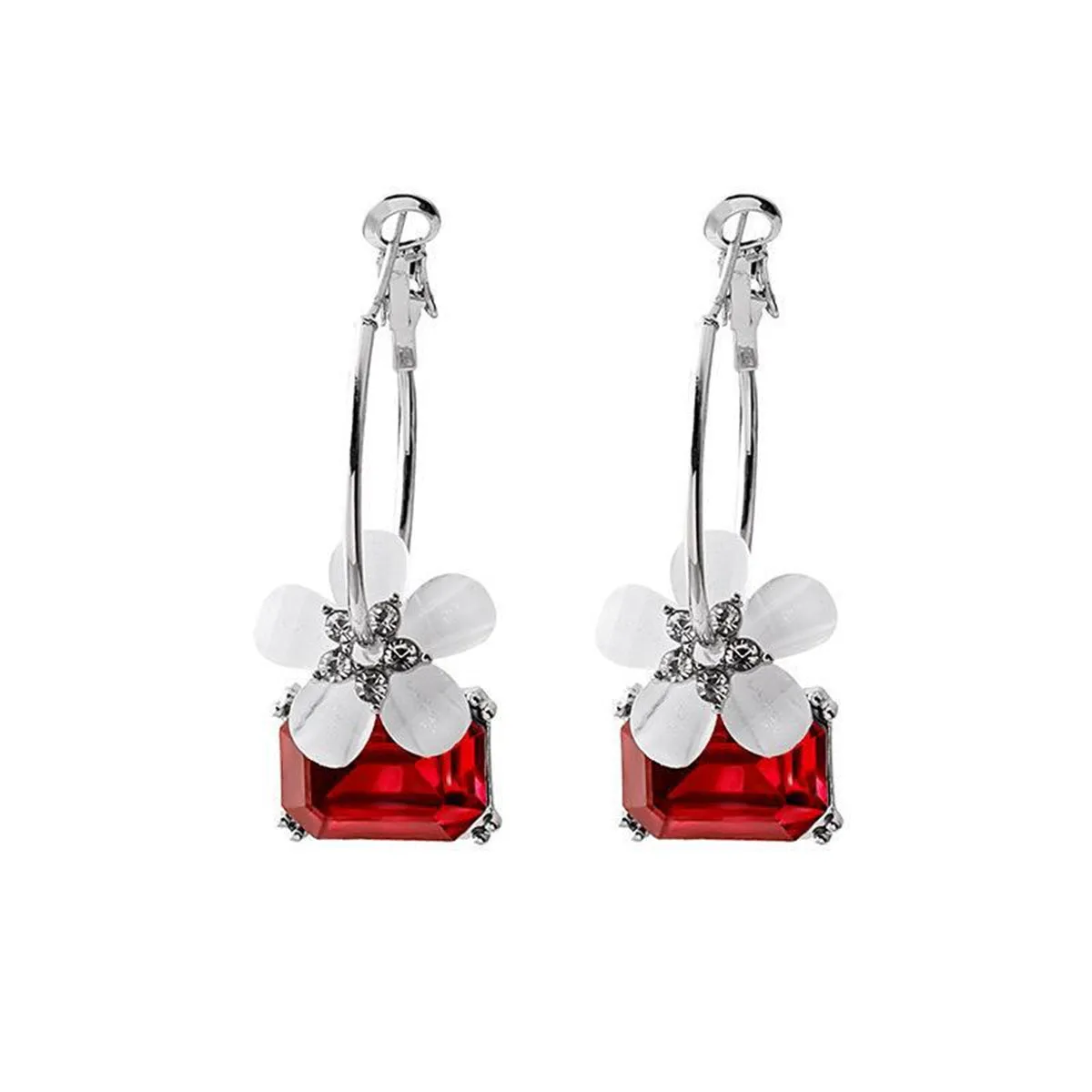 Red Crystal & Cubic Zirconia Floral Hoop Earrings