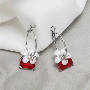 Red Crystal & Cubic Zirconia Floral Hoop Earrings