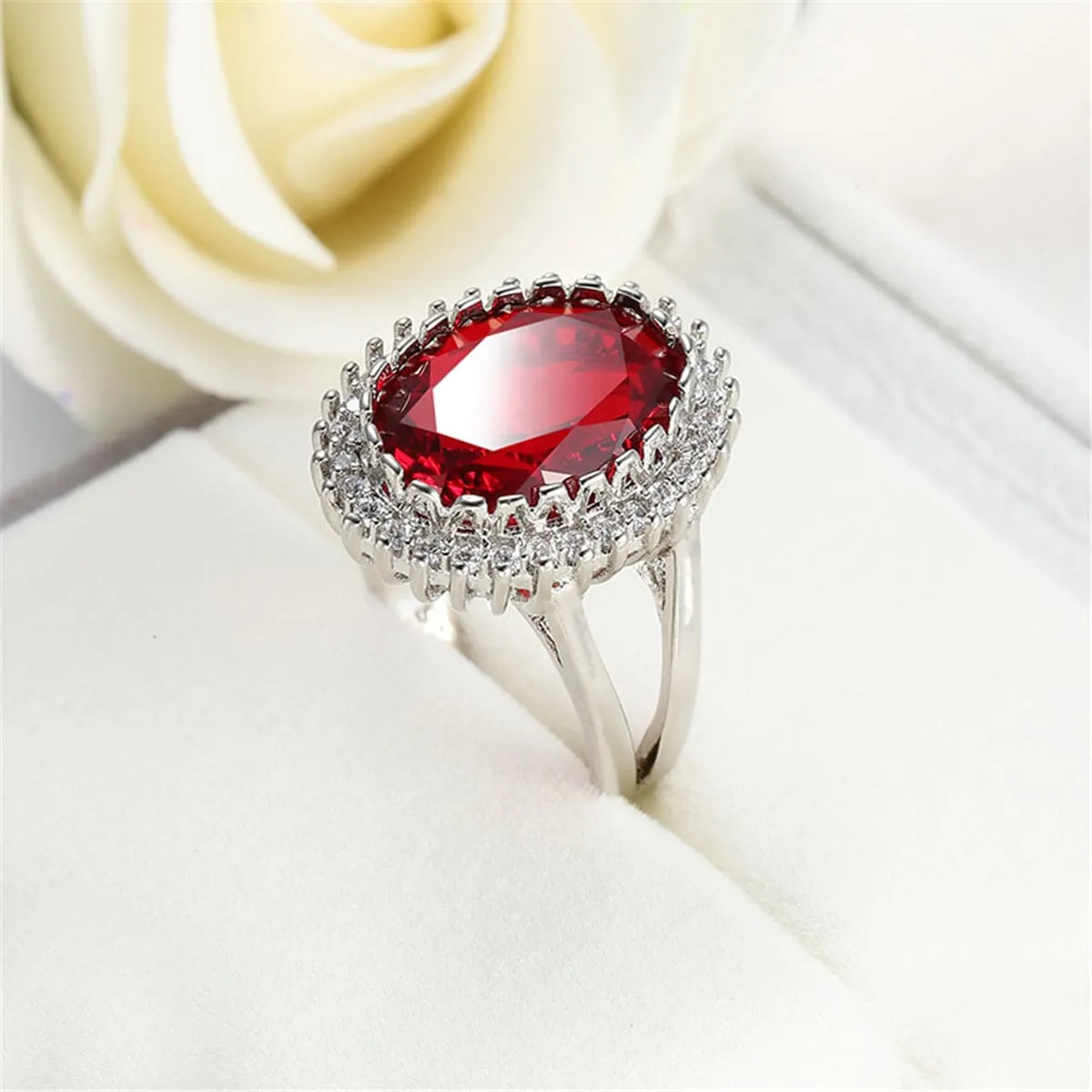 Red Cubic Zirconia & Crystal Burst Halo Oval Ring