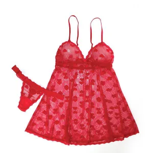 Red - Sweetheart Mesh Babydoll with G-String -